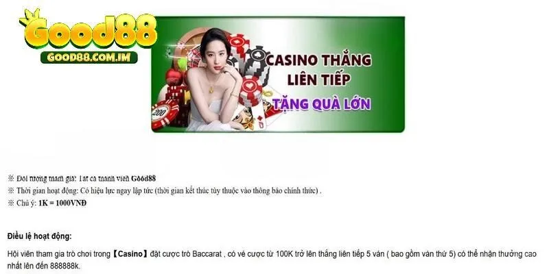 Tham gia thưởng khi thắng Casino liên tiếp tại Good88